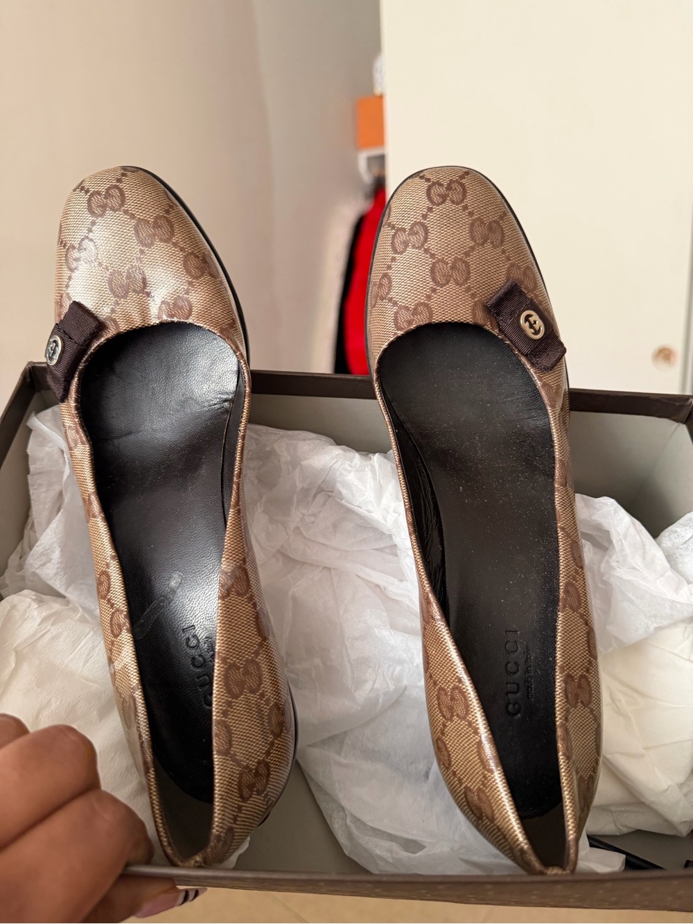 Gucci Beige GG Canvas Ballet Flats with Brown Trim